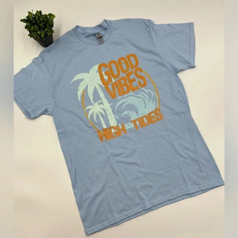 GOOD‎ VIBES HIGH TIDES T-Shirt Coral color Various Sizes NEW!! Summer Vacation